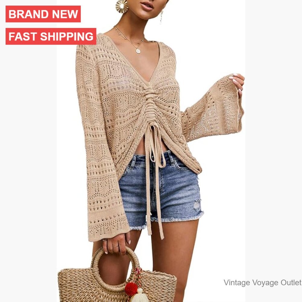 Oversized V-Neck Crochet Crop Top Bell Sleeve Sheer Boho Blouse